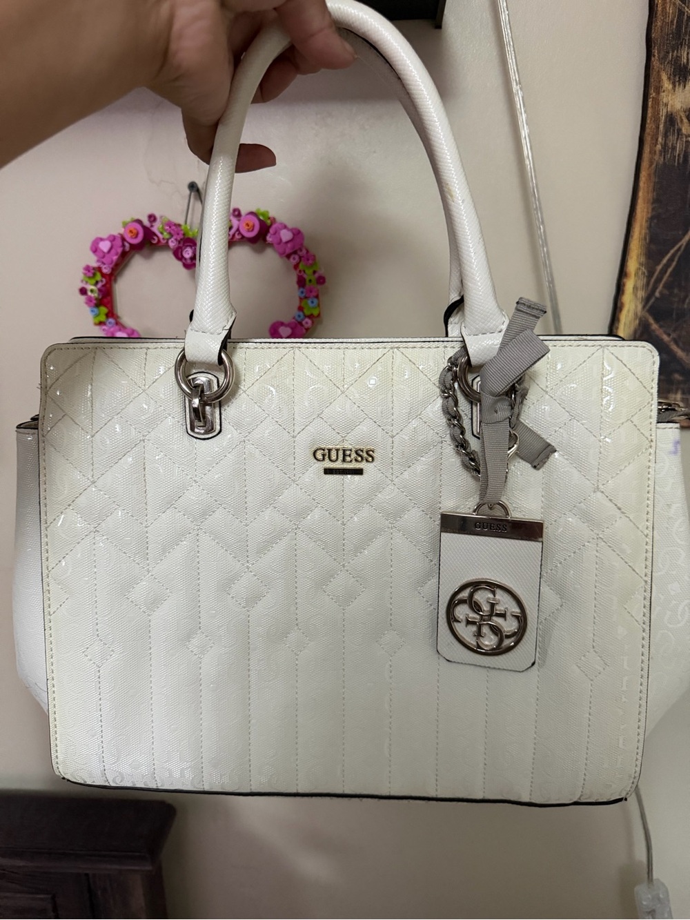 G by Guess White Quilted Patent Top-Handle Crossbody Satchel
